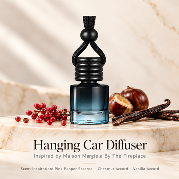 Hanging car diffuser inspired by Maison Margiela By The Fireplace, with scent illustrations on warm ivory stone