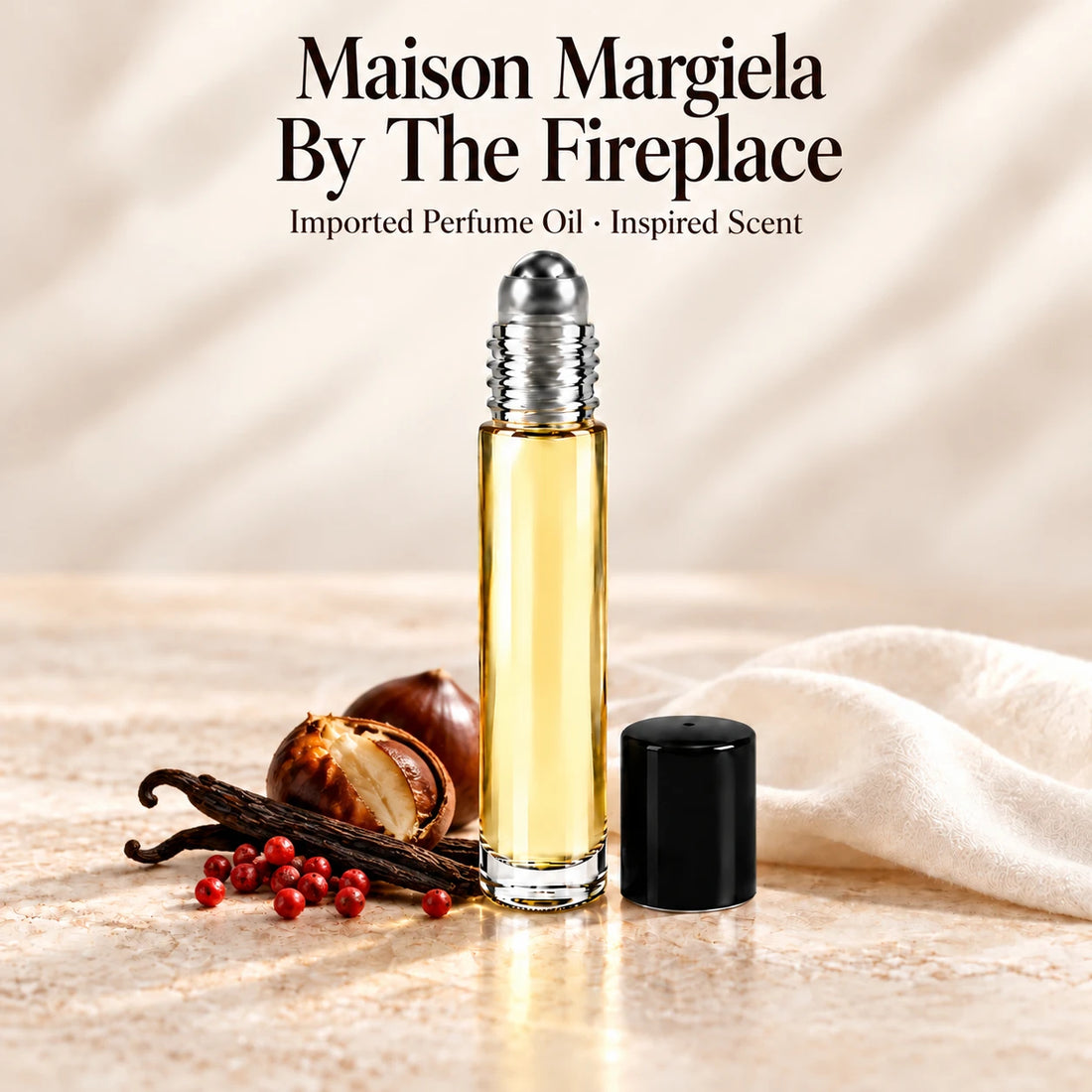 Maison Margiela By The Fireplace Perfume Oil in a slim glass roll-on bottle with a silver roller and black cap on an ivory stone surface.