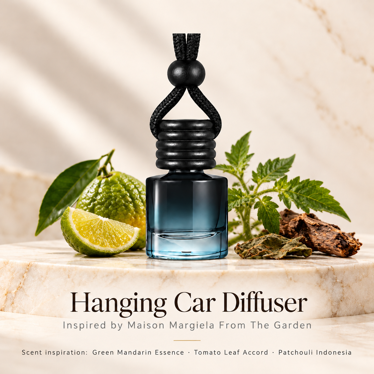 Hanging car diffuser inspired by Maison Margiela From The Garden, with scent illustrations on warm ivory stone