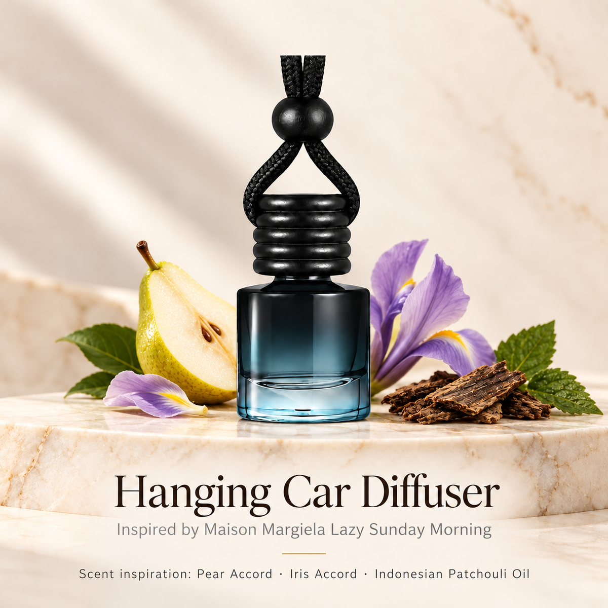 Hanging car diffuser inspired by Maison Margiela Lazy Sunday Morning, with scent illustrations on warm ivory stone