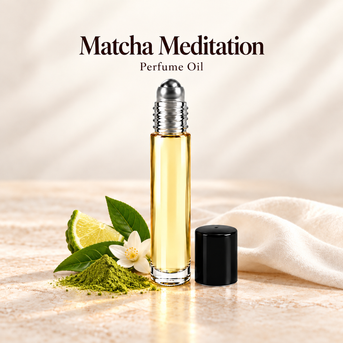 Maison Margiela Matcha Meditation Perfume Oil with simple scent note accents on soft ivory
