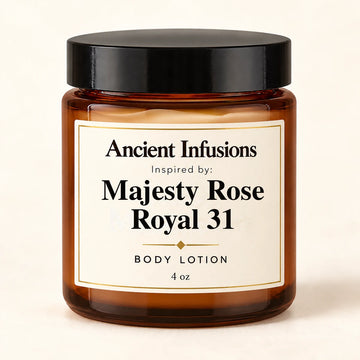 Majesty Rose Royal 31 Inspired Body Lotion by Ancient Infusions — 4 oz amber glass jar