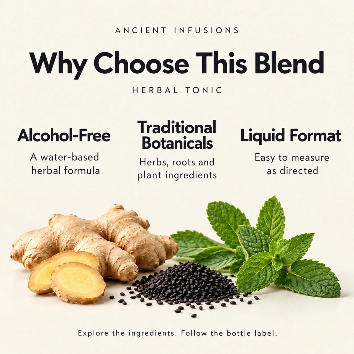 Alcohol free herbal tonic in a water based liquid format with botanical ingredients.