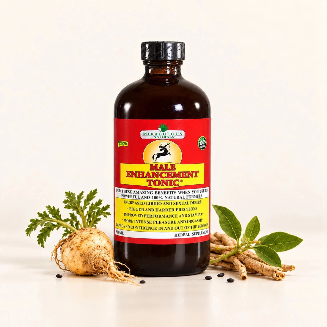 Male Enhancement Tonic bottle with its original red and yellow manufacturer label.
