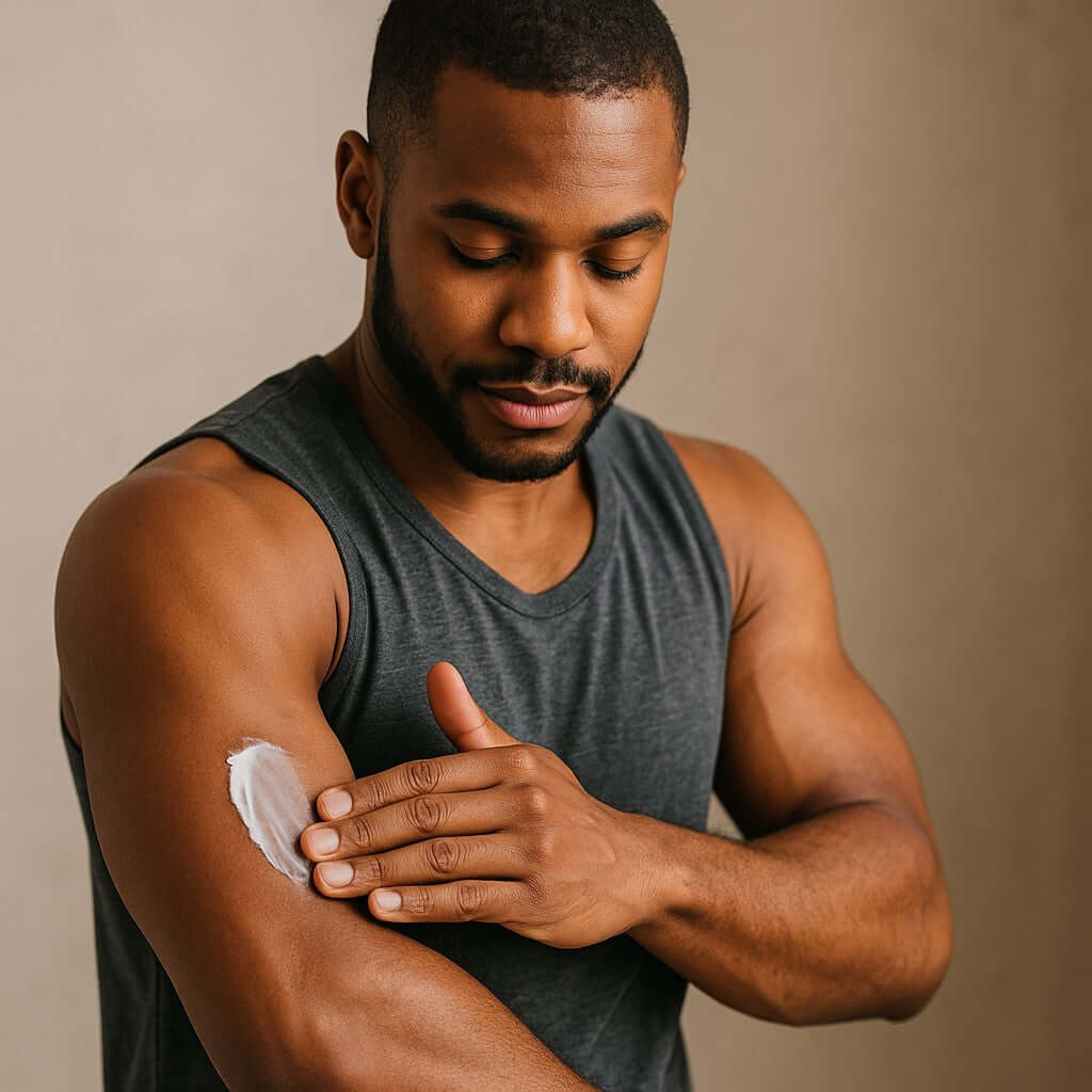 Man applying YSL Y Men Inspired Scented Shea Butter to arm in a relaxed setting.