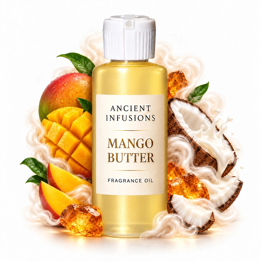 Mango Butter fragrance oil by Ancient Infusions, with pale yellow oil and a tight halo representing juicy mango, coconut cream, warm amber.