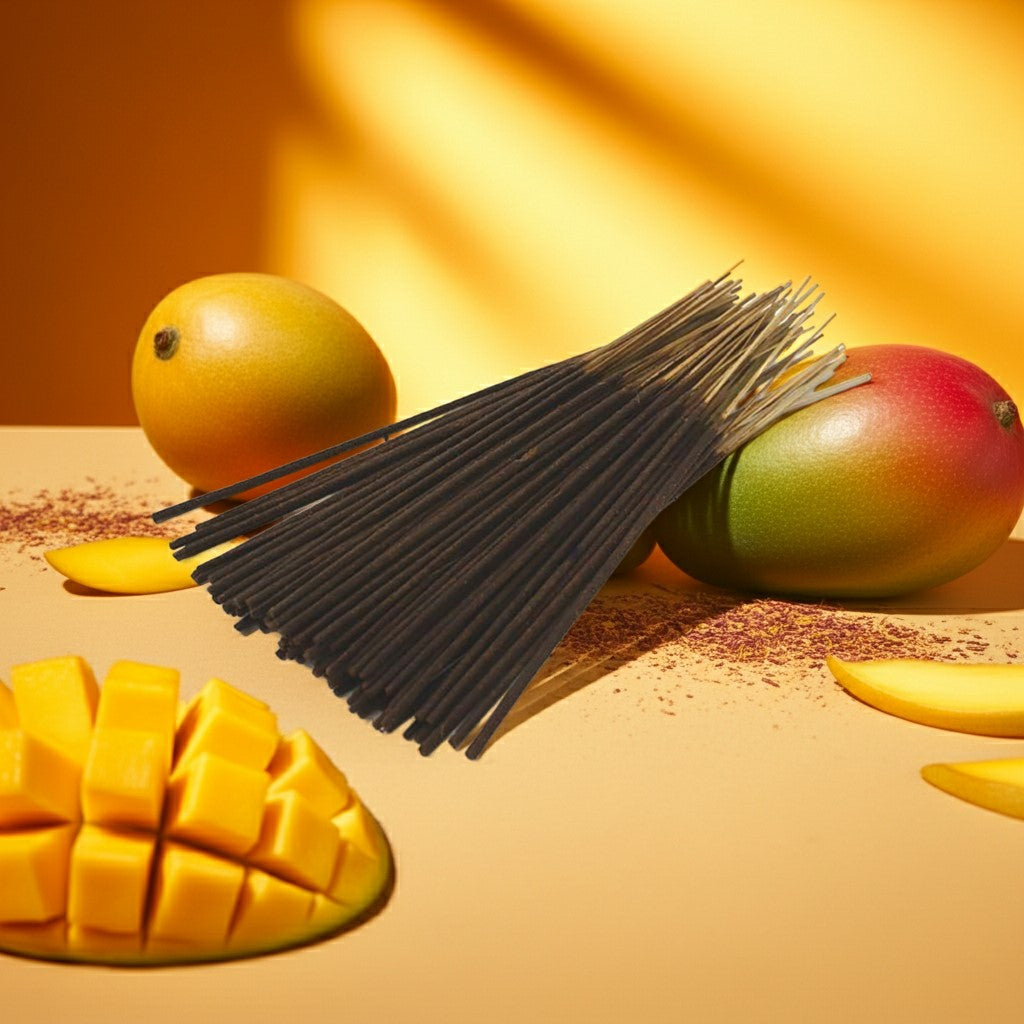 Mango slices with a bundle of Mango Butter Incense Sticks on a beige surface
