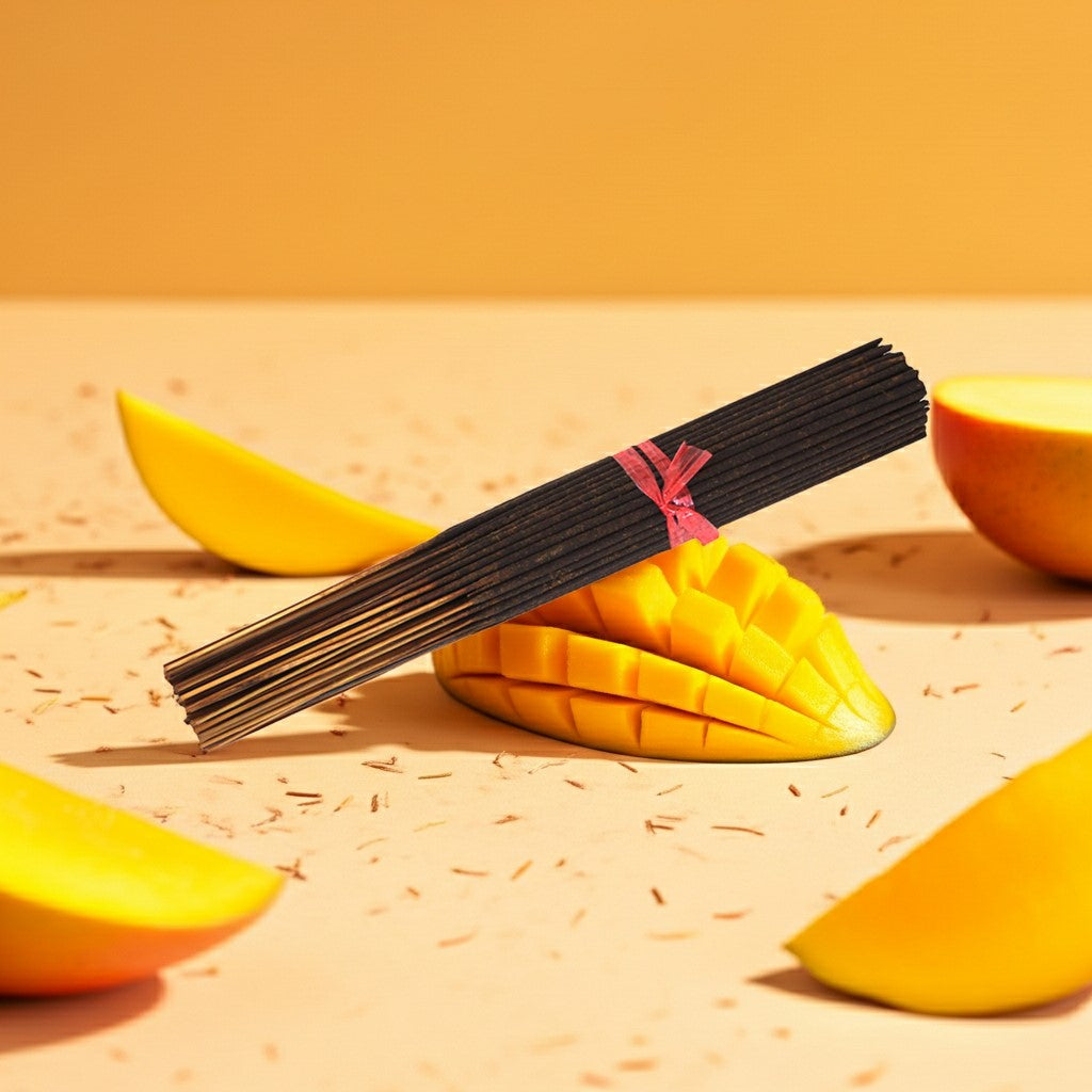 Mango slices with a bundle of Mango Butter Incense Sticks on a beige surface