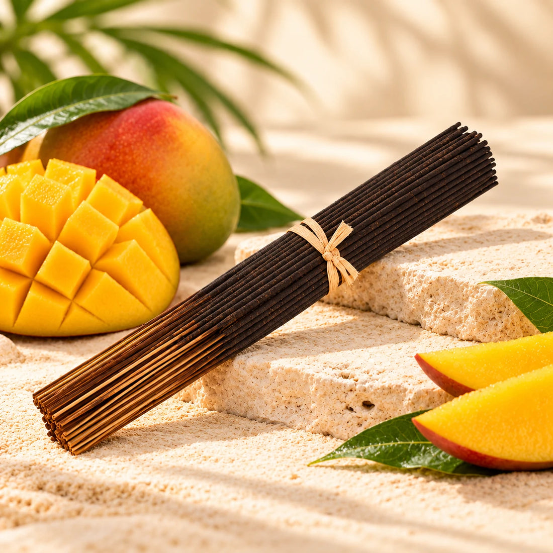 Mango Butter Incense Sticks on cream stone.