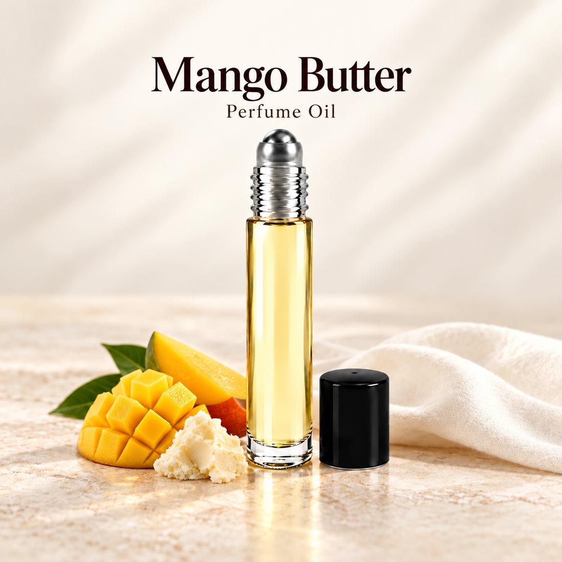 Mango Butter Perfume Oil with simple scent note accents on soft ivory