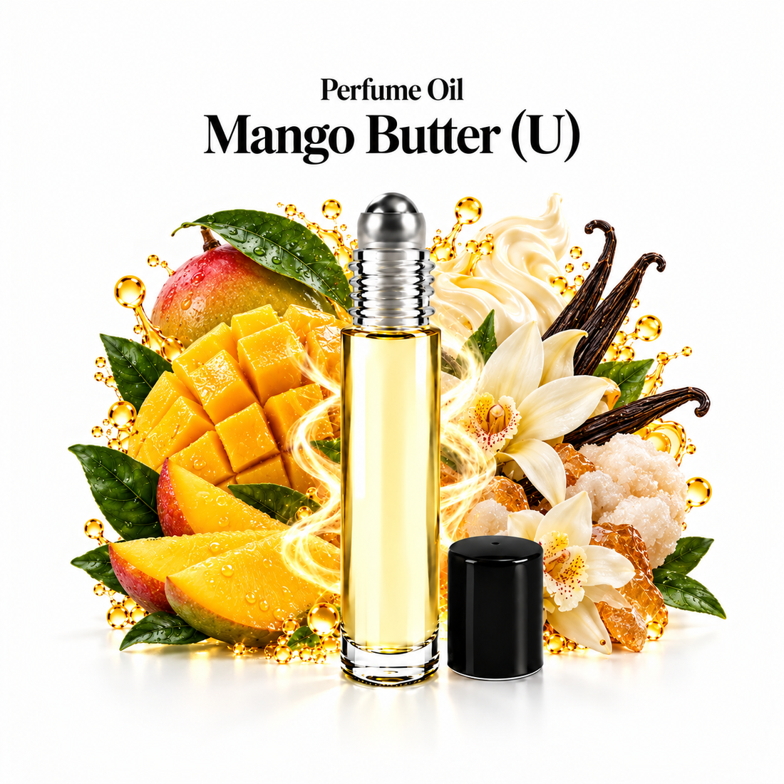 Mango Butter Perfume Oil roll-on with scent-note imagery