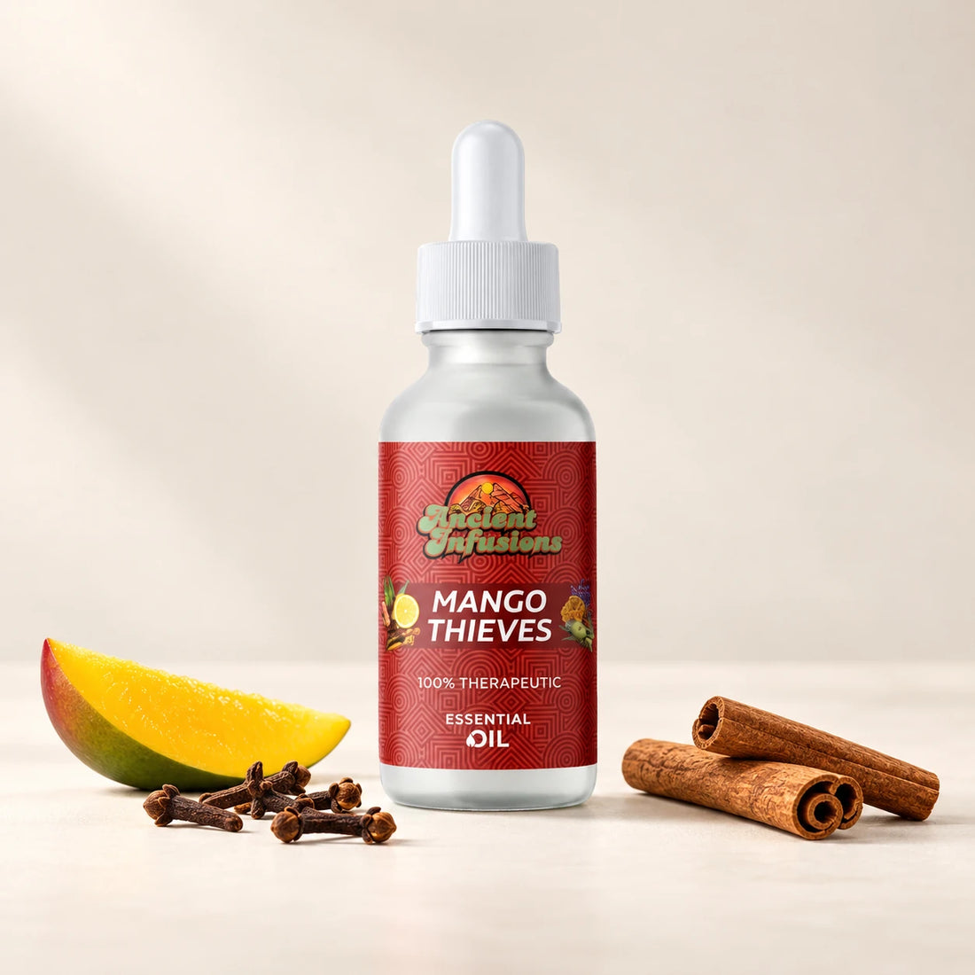 Ancient Infusions Mango Thieves Essential Oil Blend bottle with white dropper, mango, cinnamon and cloves on a soft ivory background.