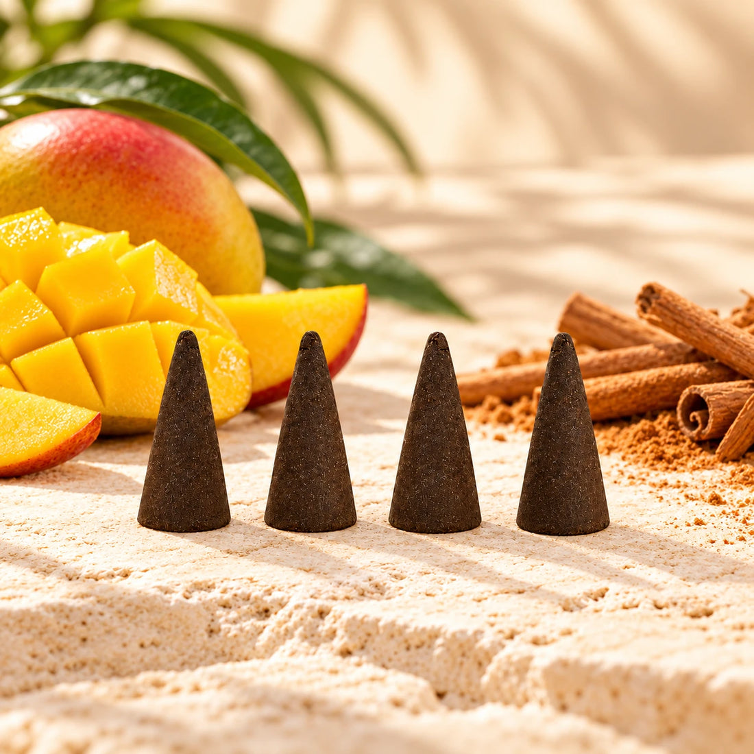 Mango Thieves Incense Cones on cream stone.
