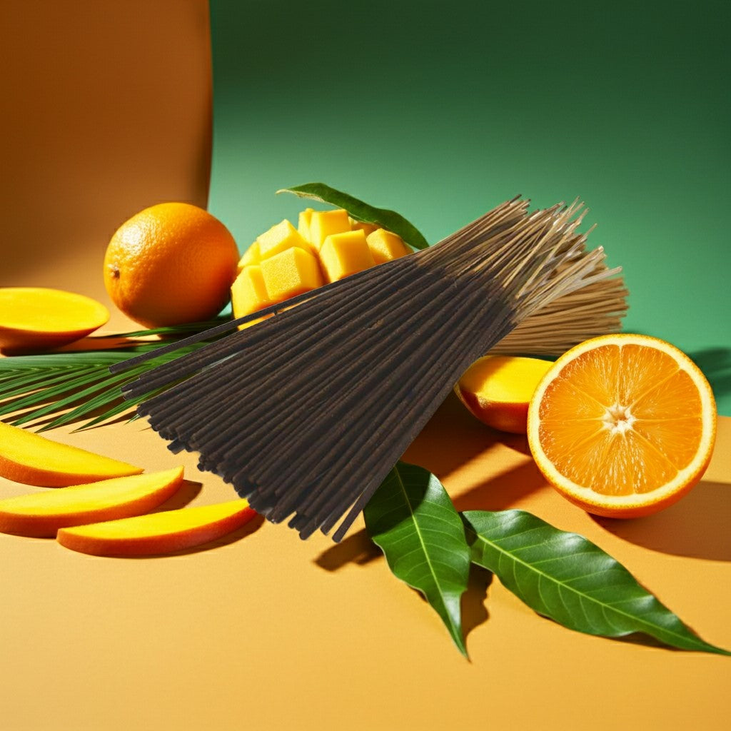 Mango slices and Mango Thieves Incense Sticks on a yellow surface with green leaves