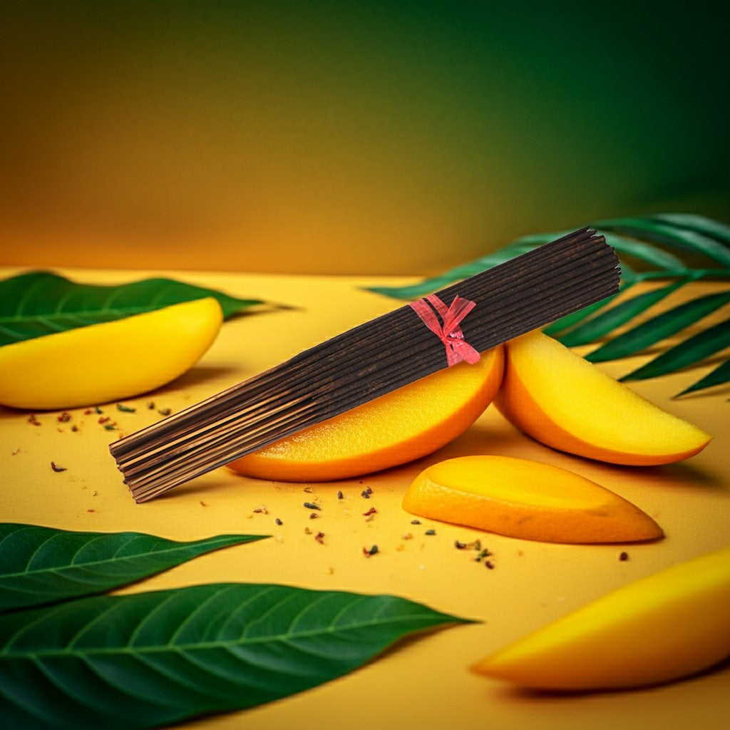 Mango slices and Mango Thieves Incense Sticks on a yellow surface with green leaves