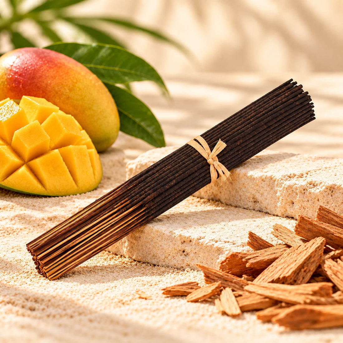 Mango Thieves Incense Sticks on cream stone.