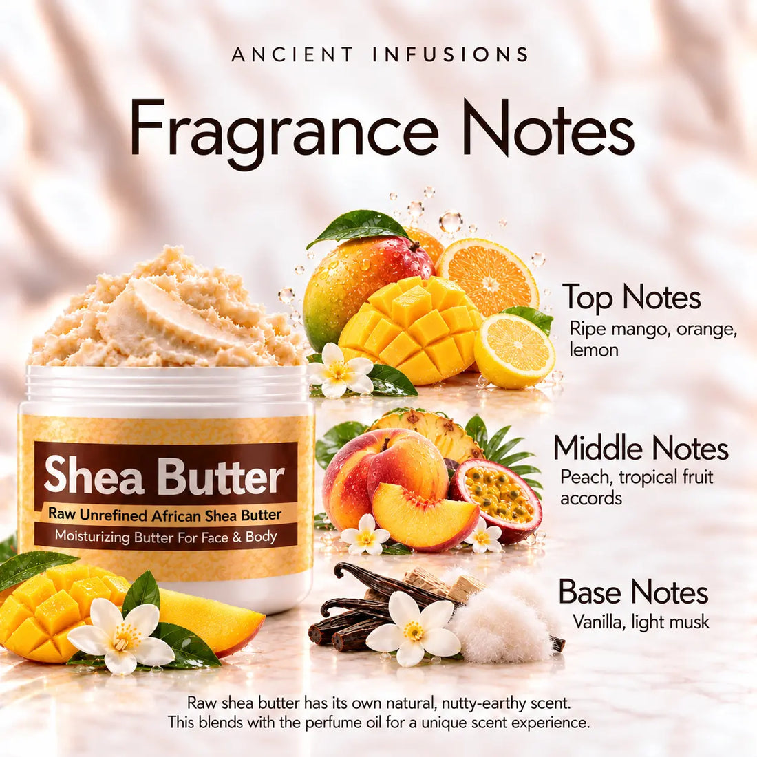 Mango Thieves Shea Butter in an open white jar with textured ivory shea butter and subtle scent accents on a soft cream background.