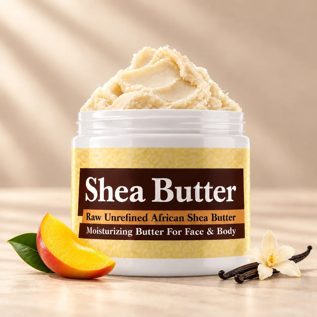 Mango Thieves Shea Butter in an open white jar with textured ivory shea butter and subtle scent accents on a soft cream background.