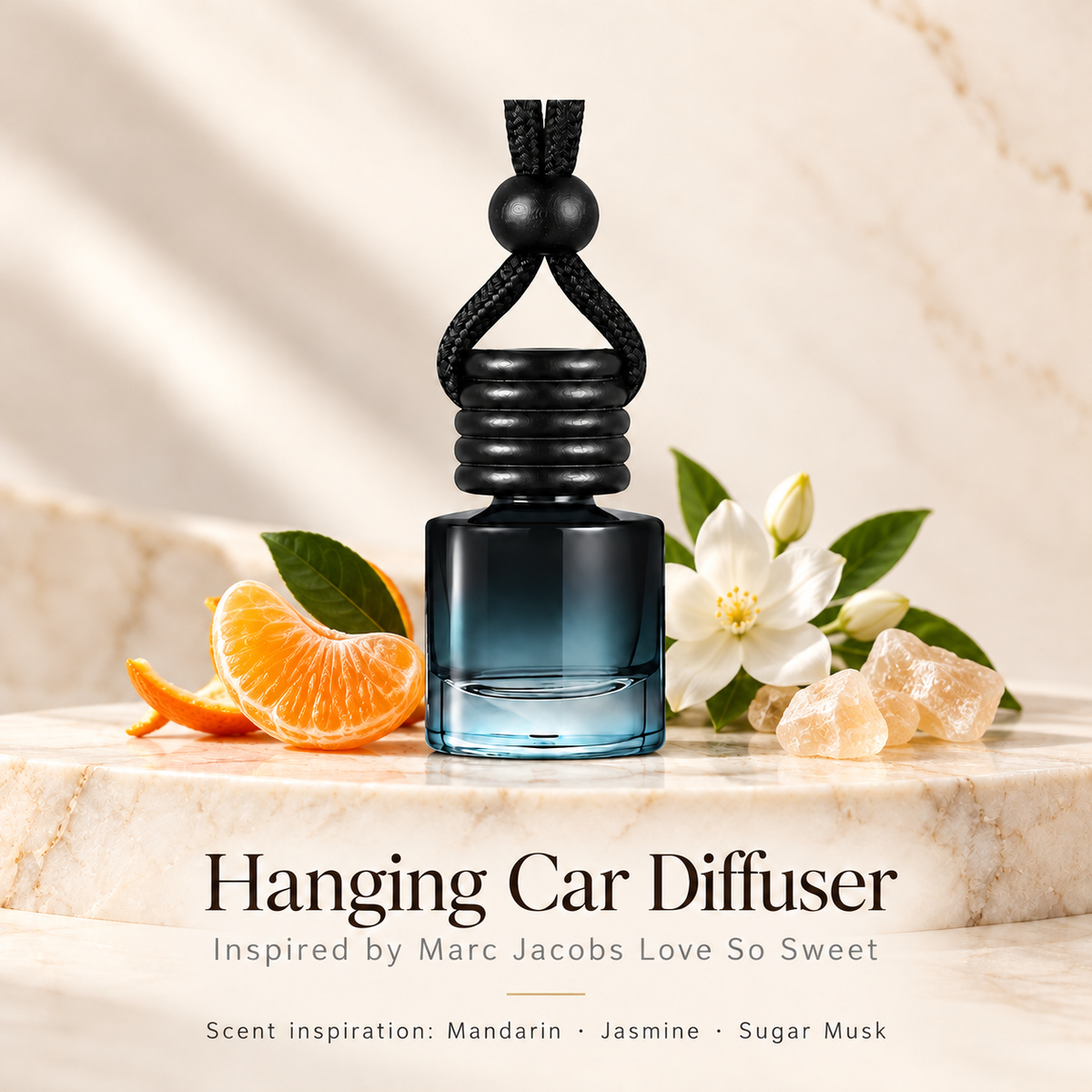 Hanging car diffuser inspired by Marc Jacobs Love So Sweet, with scent illustrations on warm ivory stone