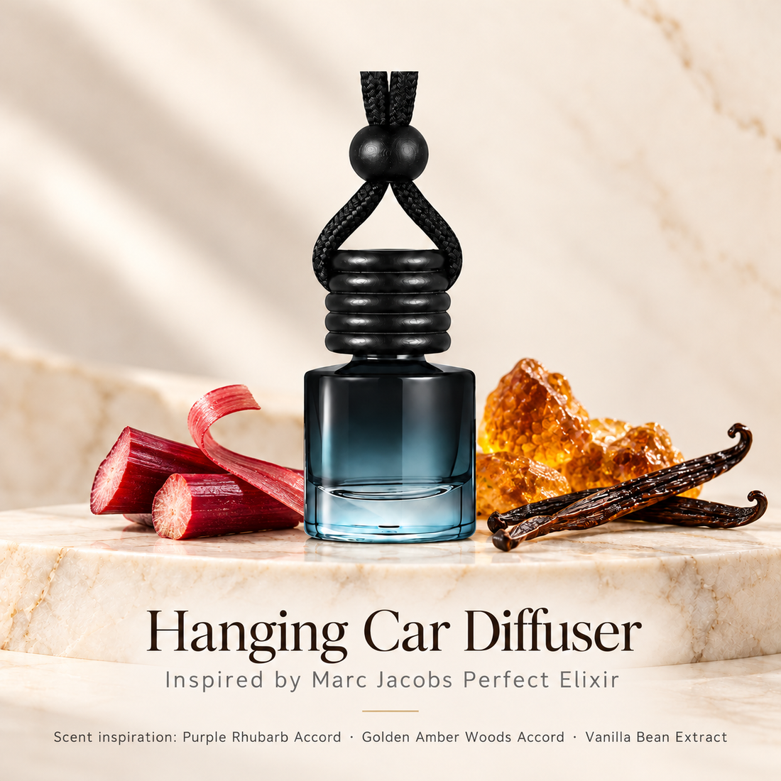 Hanging car diffuser inspired by Marc Jacobs Perfect Elixir, with scent illustrations on warm ivory stone