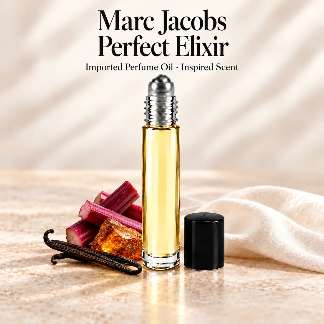 Marc Jacobs Perfect Elixir Perfume Oil in a slim glass roll-on bottle with a silver roller and black cap on an ivory stone surface.