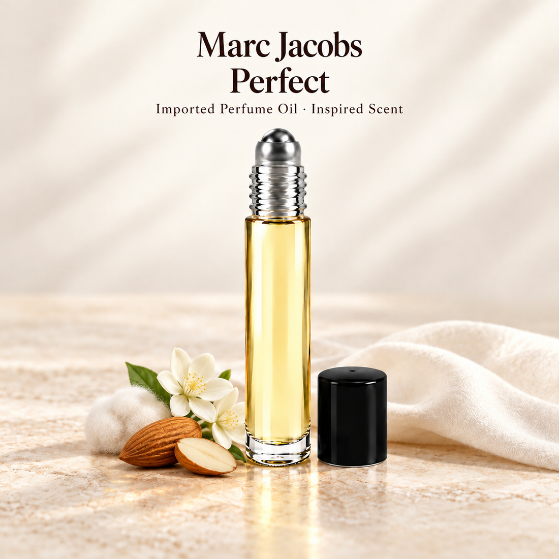Marc Jacobs Perfect Perfume Oil with minimal scent note accents on soft ivory