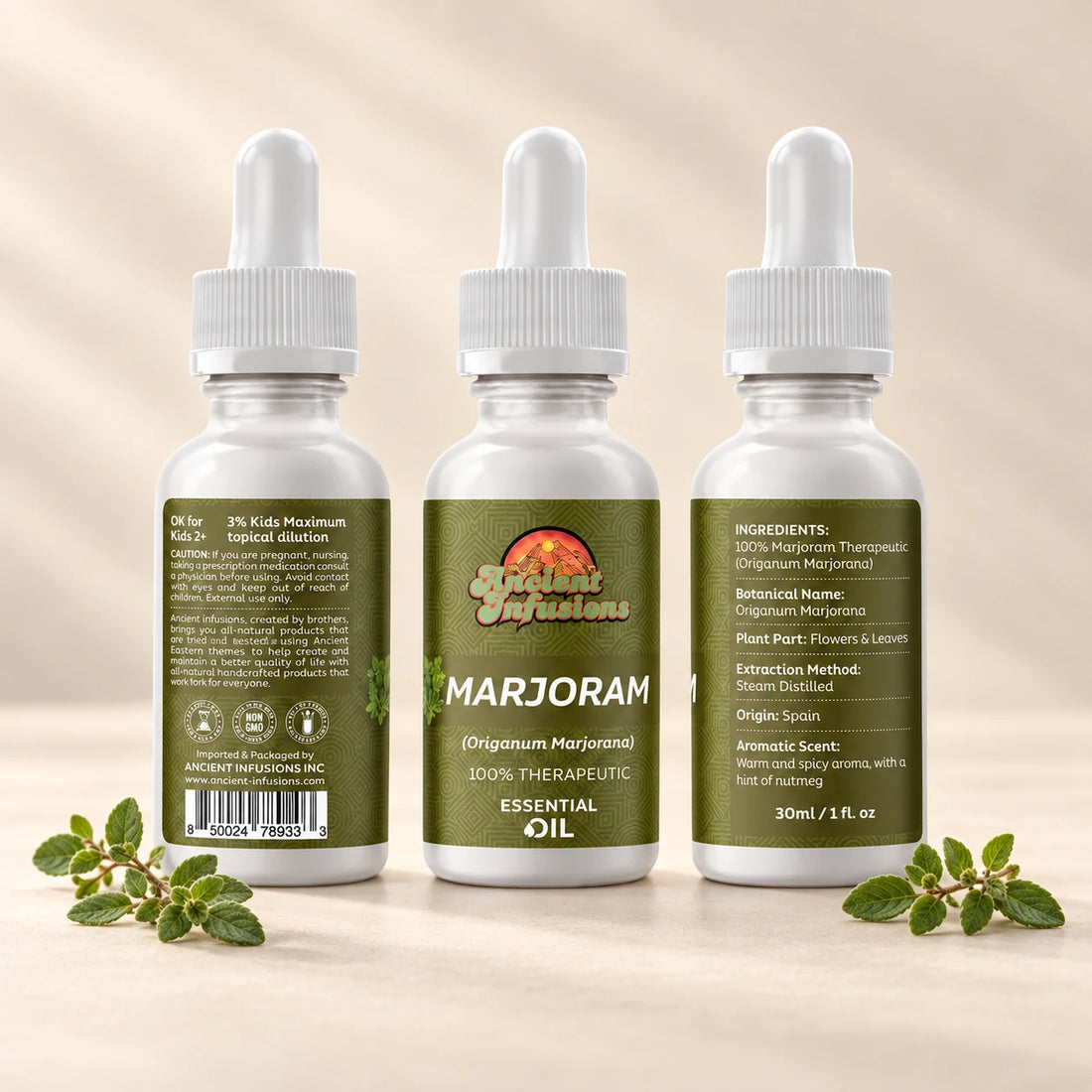 Ancient Infusions Marjoram Essential Oil bottle with botanicals on a soft ivory background.