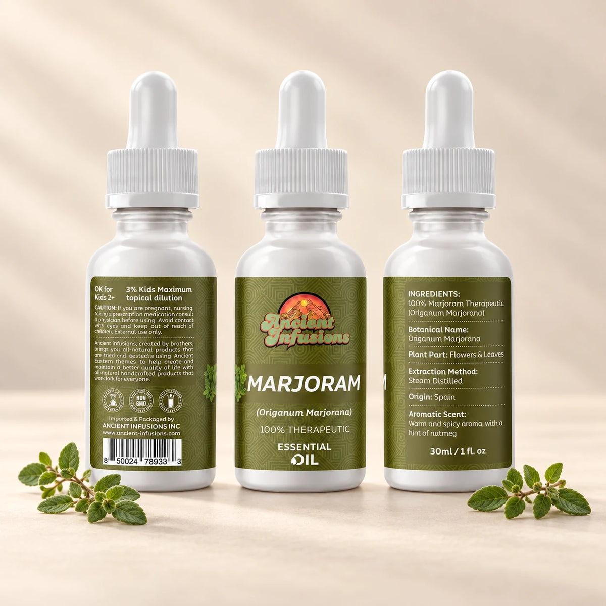 Ancient Infusions Marjoram Essential Oil front and side label views on an ivory background.