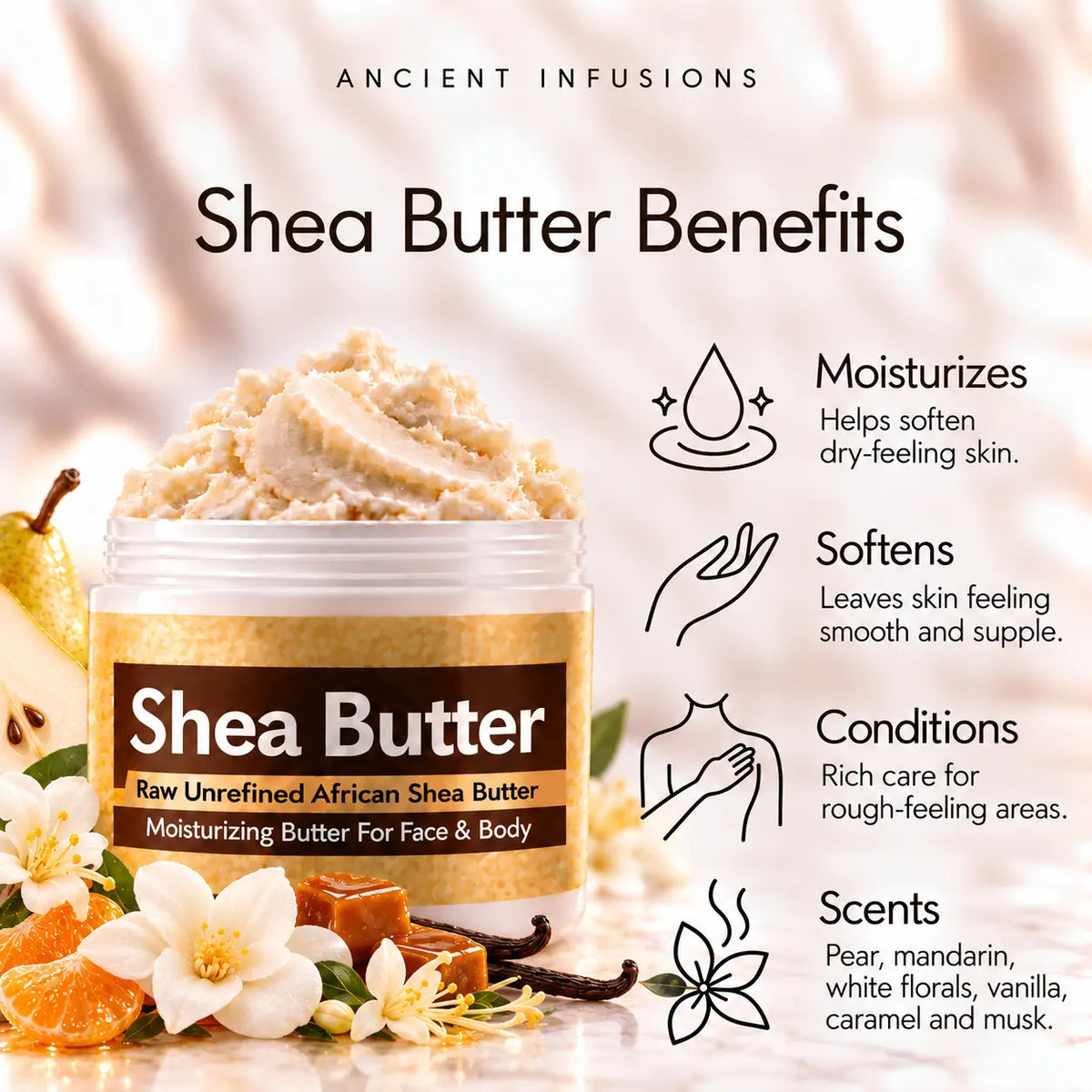 Mary J Blige inspired shea butter moisturizing, softening, conditioning and pear, mandarin, white florals, vanilla, caramel and musk scented-skin benefits.