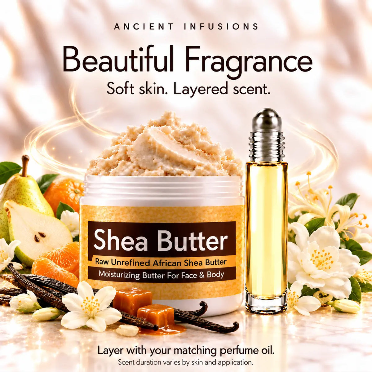 Mary J Blige inspired shea butter and matching perfume oil for fragrance layering; scent duration varies.