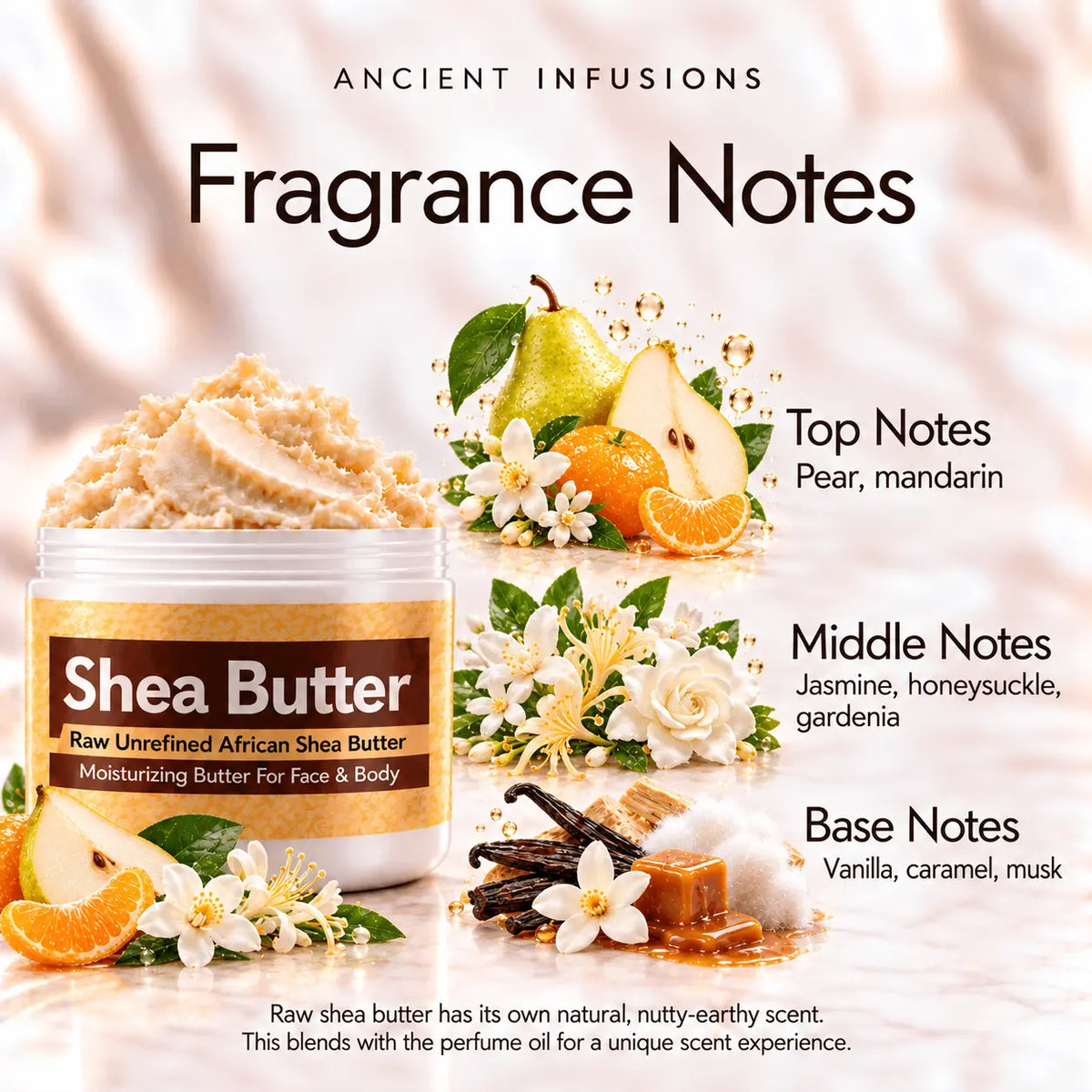 Mary J Blige inspired shea butter fragrance notes: pear and mandarin; jasmine, honeysuckle and gardenia; vanilla, caramel and musk.
