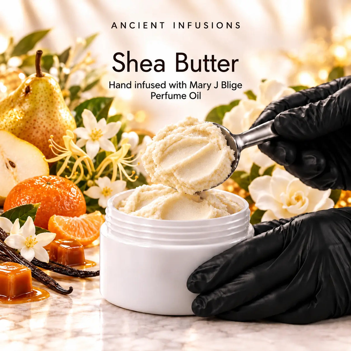 Black vinyl-gloved hands scoop raw shea butter hand infused with Mary J Blige inspired perfume oil.