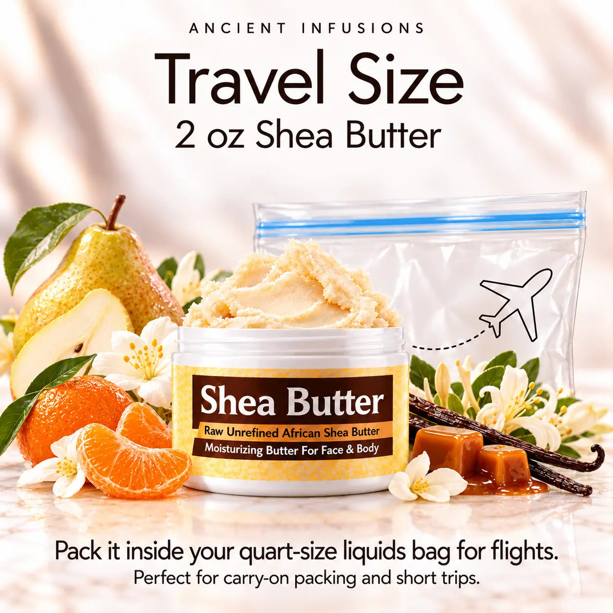 Two-ounce Mary J Blige inspired shea butter with quart-size liquids bag and carry-on packing guidance.