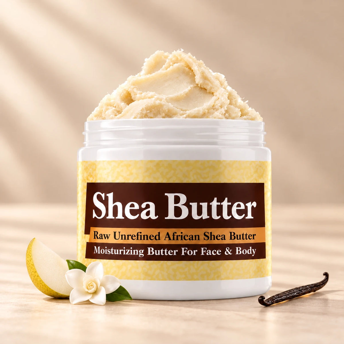 Mary J Blige Shea Butter in an open white jar with textured ivory shea butter and simple scent accents on a soft cream background.