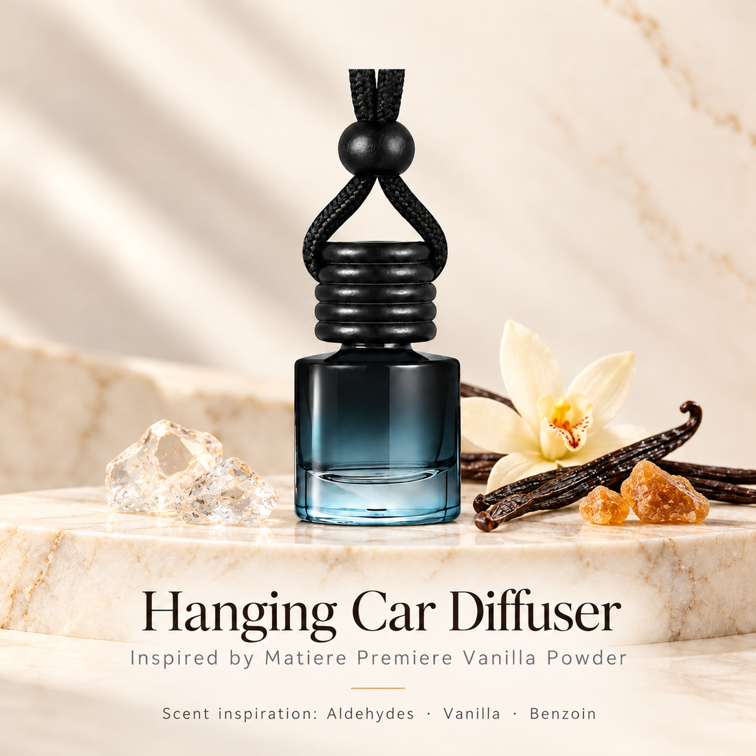 Hanging car diffuser inspired by Matiere Premiere Vanilla Powder, with scent illustrations on warm ivory stone
