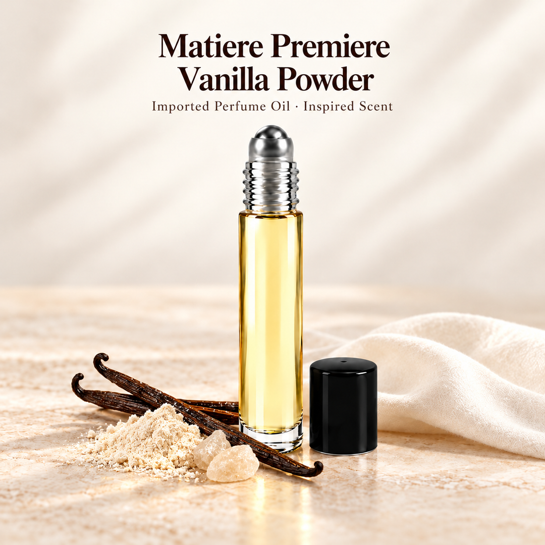 Matiere Premiere Vanilla Powder Perfume Oil with minimal scent note accents on soft ivory