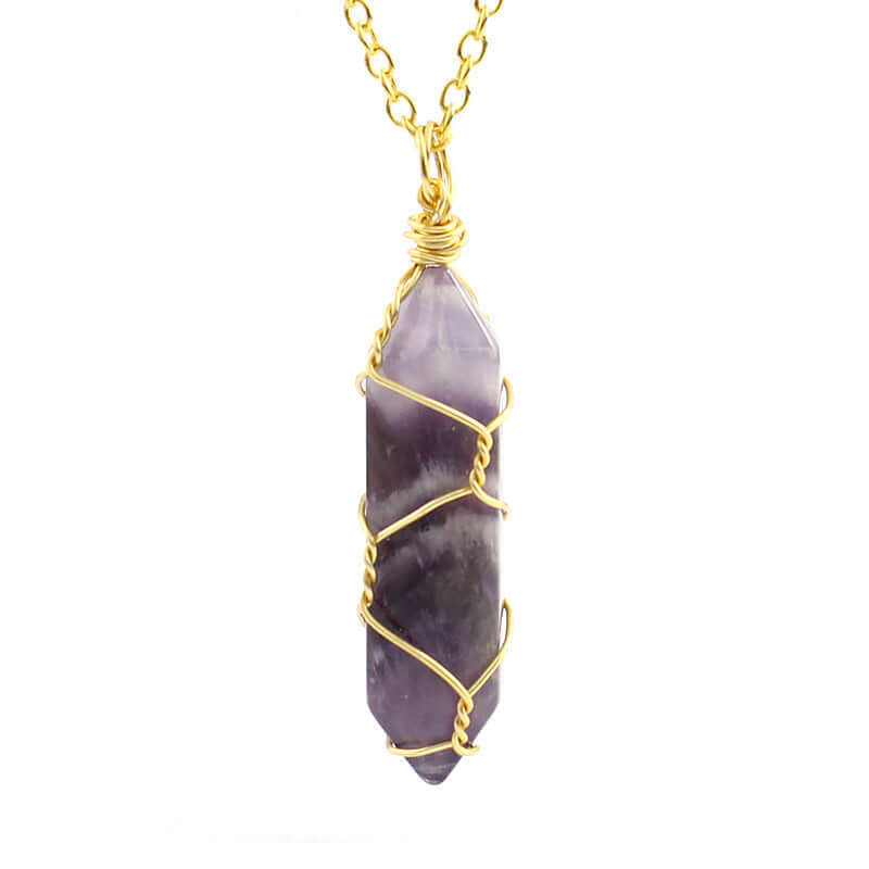 Close-up of a 14K Amethyst Gold Wire Stainless Steel Necklace for men and women, featuring a genuine amethyst stone.
