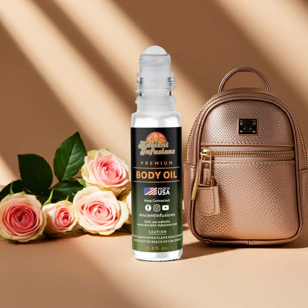 Michael Cromer Munich MCM Inspired Body Oil with floral notes and luxurious design, featuring a stylish bag and roses.