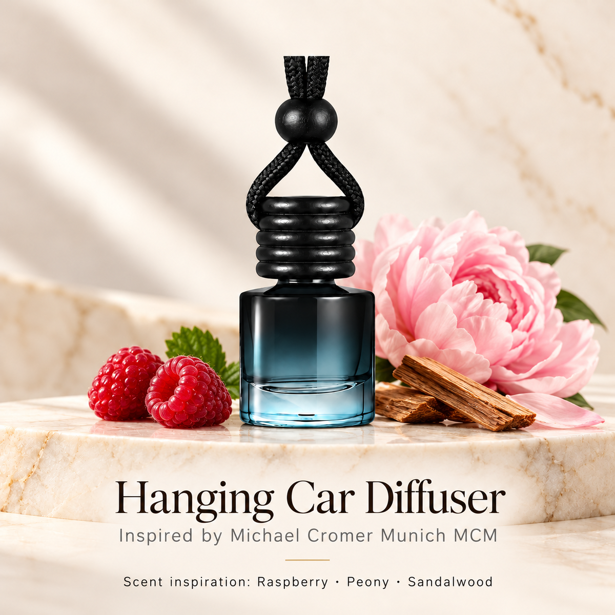 Hanging car diffuser inspired by Michael Cromer Munich MCM, with scent illustrations on warm ivory stone
