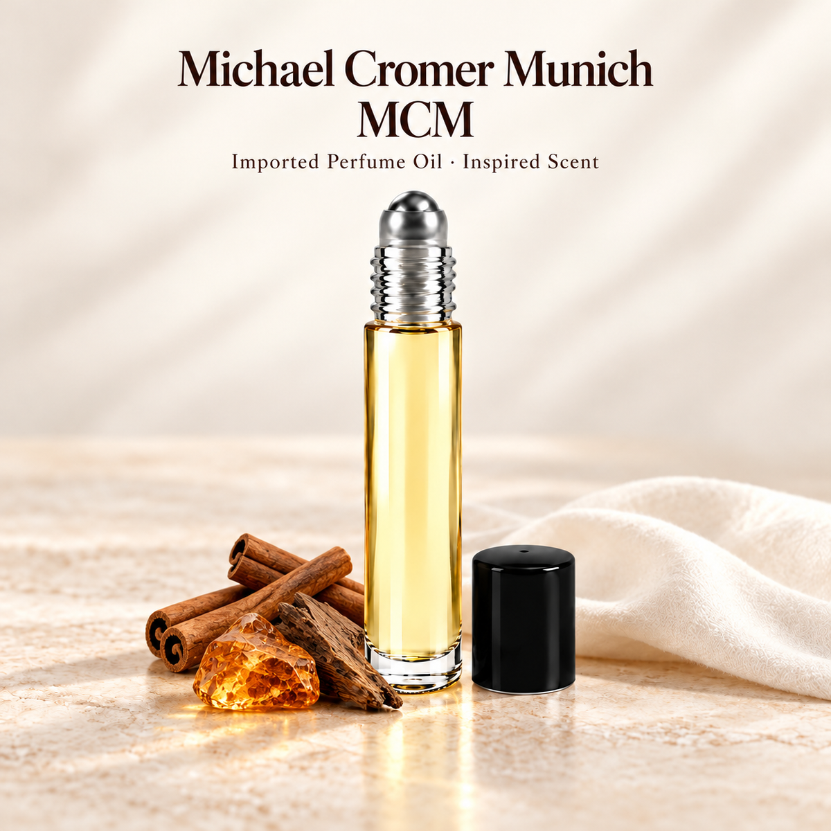 Michael Cromer Munich MCM Perfume Oil with minimal scent note accents on soft ivory