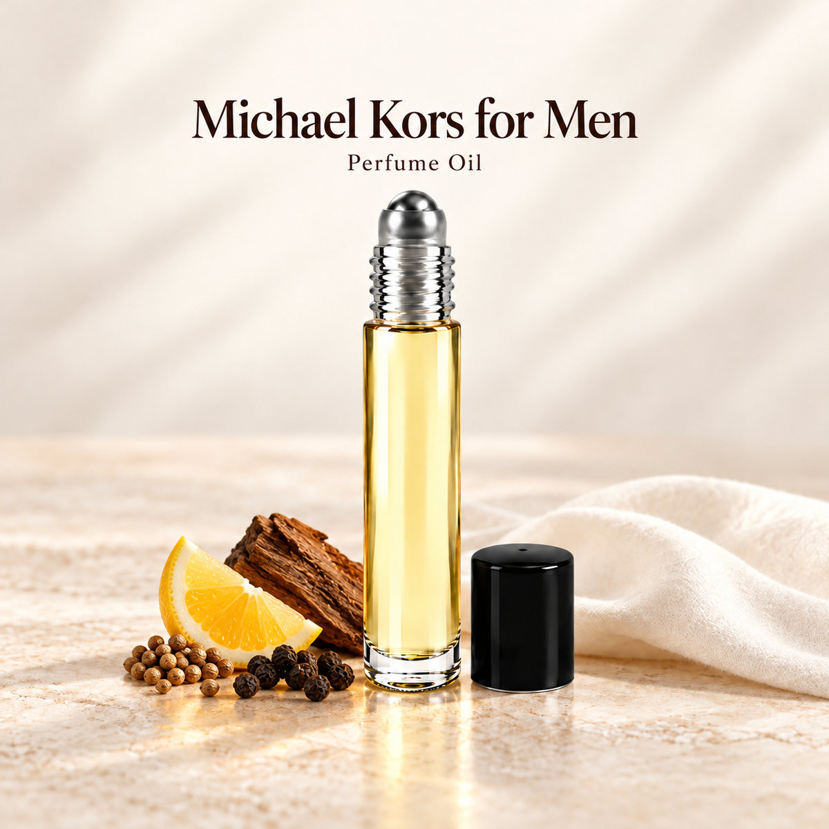 Michael Kors for Men Perfume Oil with simple scent note accents on soft ivory