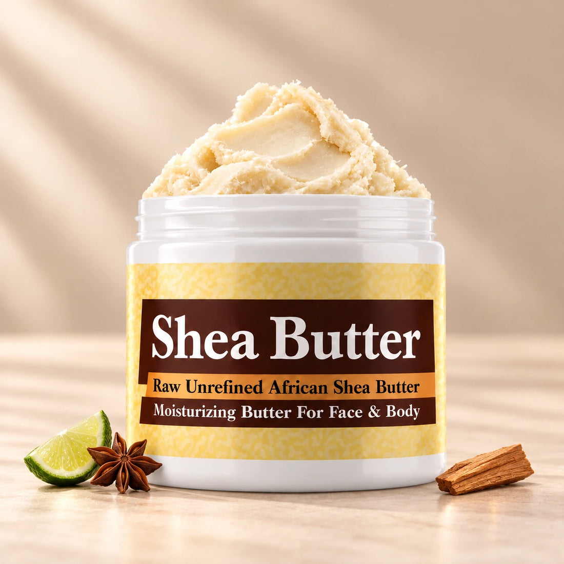 Michael Kors for Men Shea Butter in an open white jar with textured ivory shea butter and simple scent accents on a soft cream background.