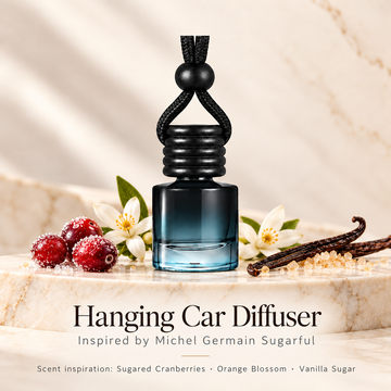Hanging car diffuser inspired by Michel Germain Sugarful, with scent illustrations on warm ivory stone