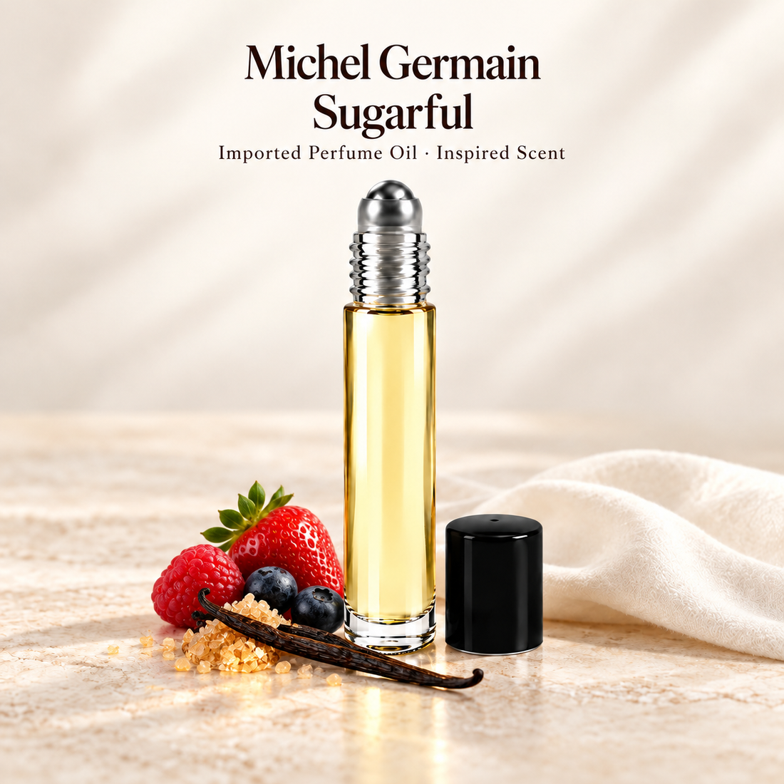 Michel Germain Sugarful Perfume Oil with minimal scent note accents on soft ivory