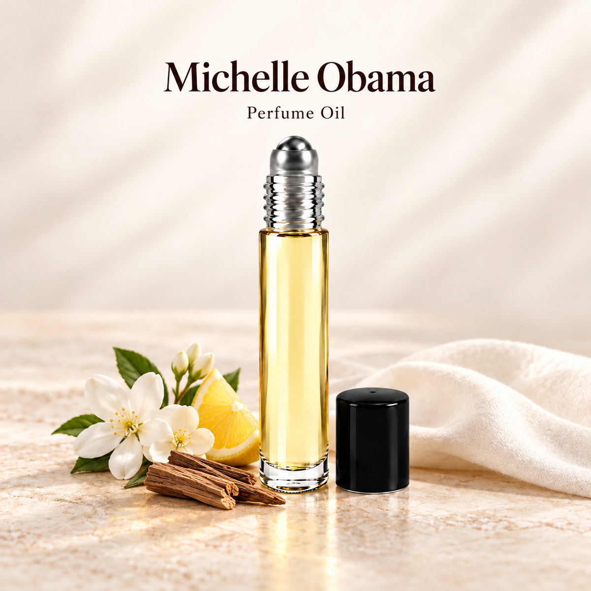 Michelle Obama Perfume Oil with simple scent note accents on soft ivory