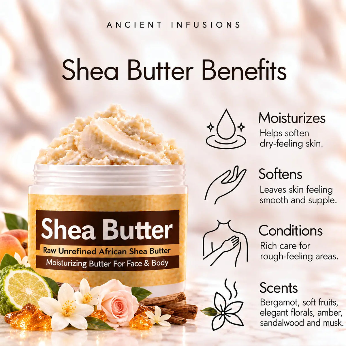 Michelle Obama inspired shea butter moisturizing, softening, conditioning and bergamot, soft fruits, elegant florals, amber, sandalwood and musk scented-skin benefits.