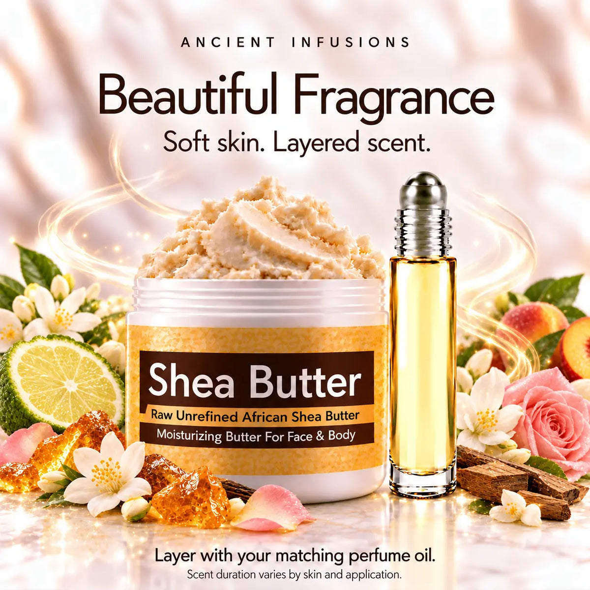 Michelle Obama inspired shea butter and matching perfume oil for fragrance layering; scent duration varies.