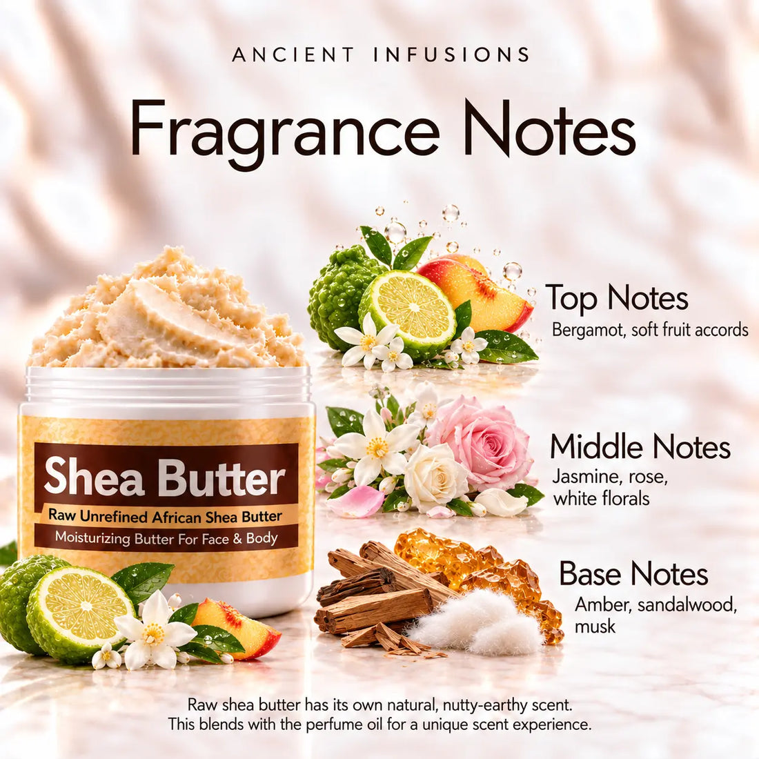 Michelle Obama Shea Butter in an open white jar with textured ivory shea butter and simple scent accents on a soft cream background.