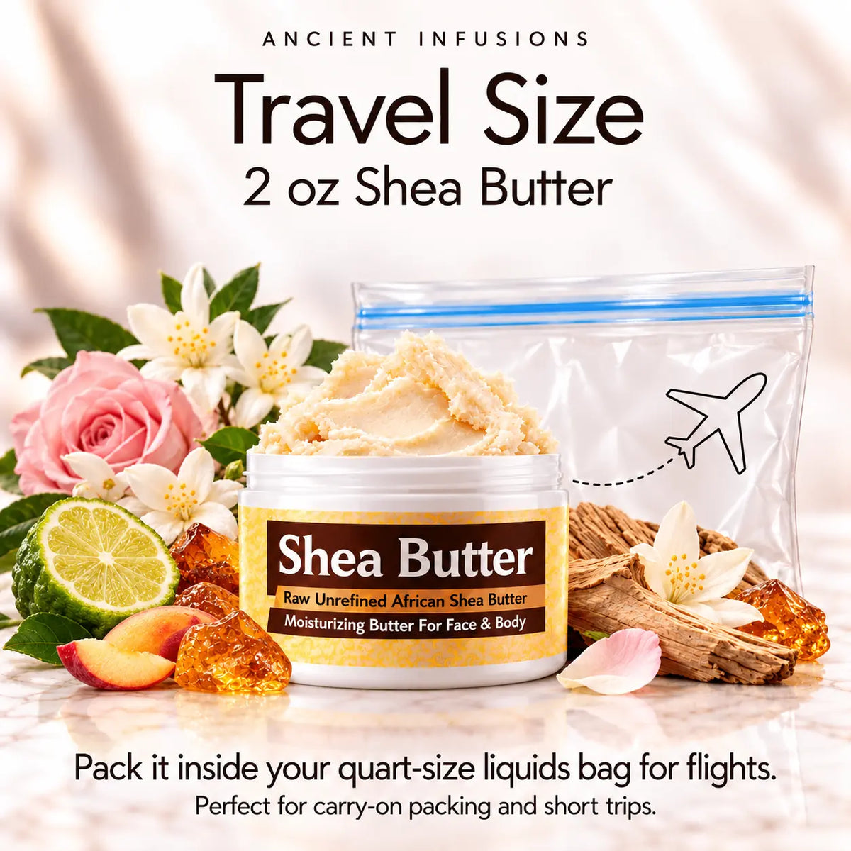 Two-ounce Michelle Obama inspired shea butter with quart-size liquids bag and carry-on packing guidance.