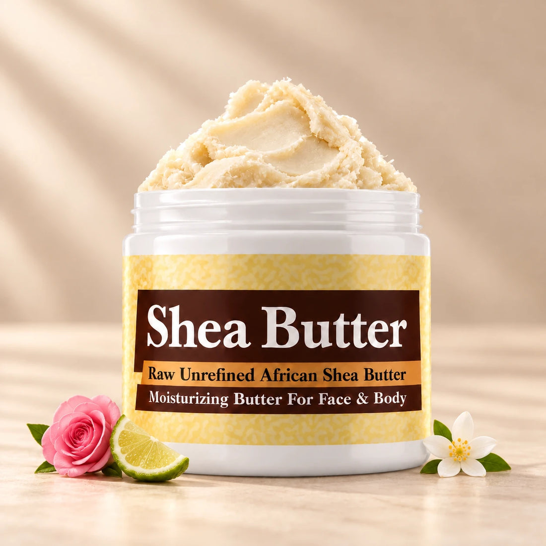 Michelle Obama Shea Butter in an open white jar with textured ivory shea butter and simple scent accents on a soft cream background.